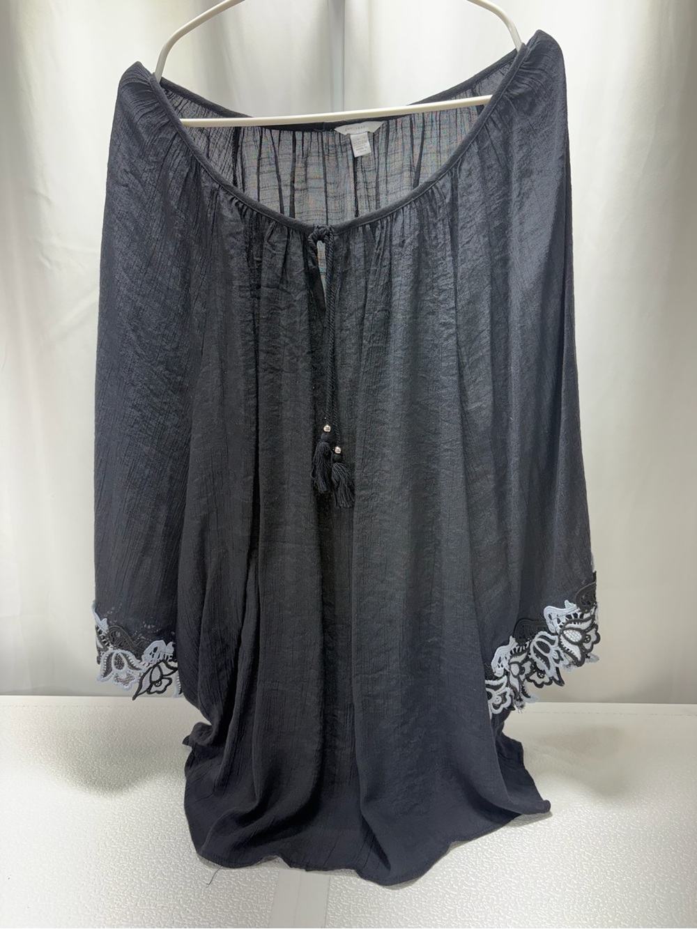 Cato Black Peasant Blouse with White Embroidered Cuffs 4359